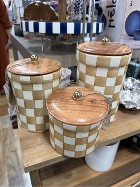 Checkerboard Canister Set of 3 with Wood Lids - White & Tan